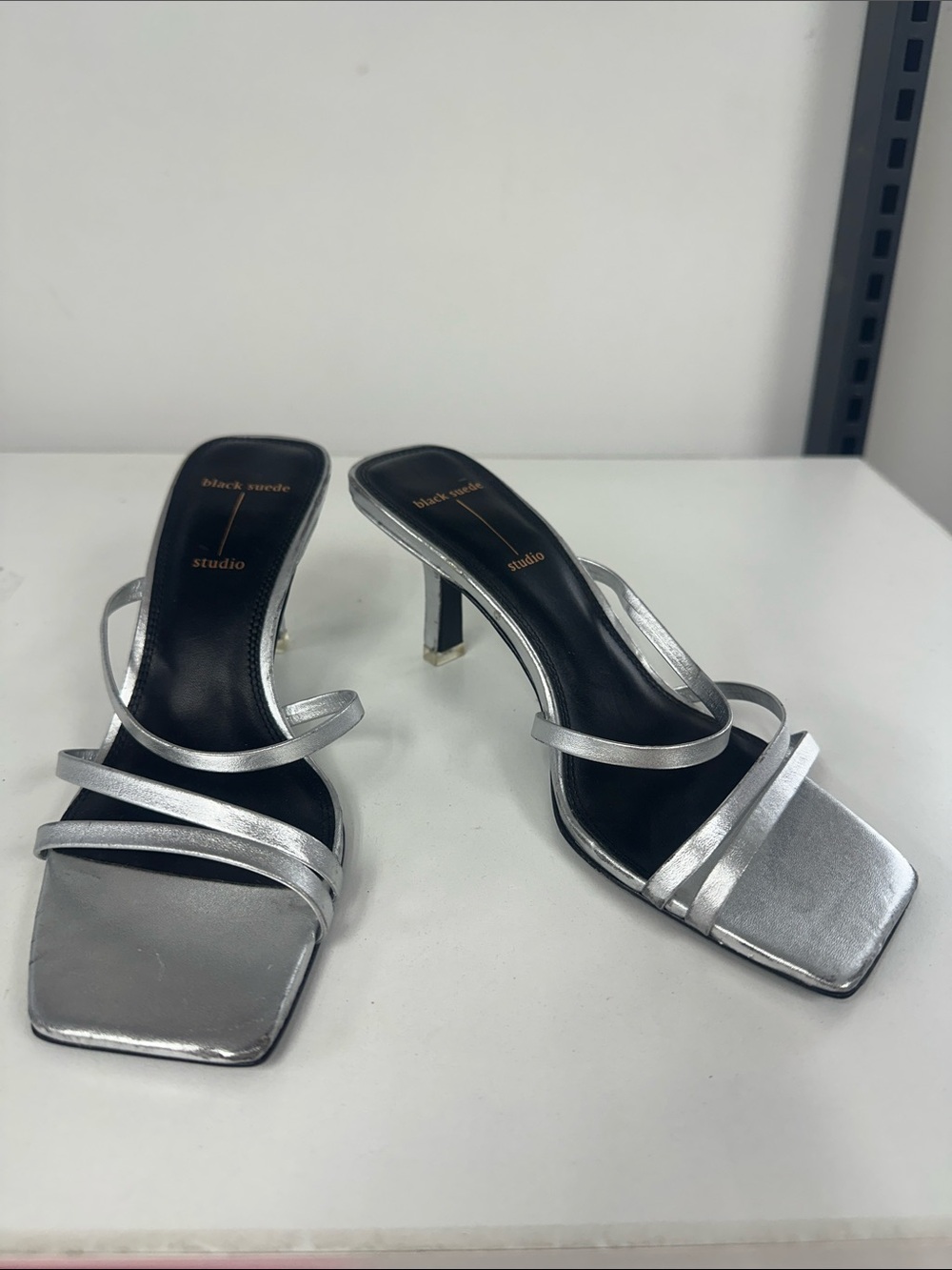 Black Suede Studio Silver Strappy Square-Toe Mid-Heels
